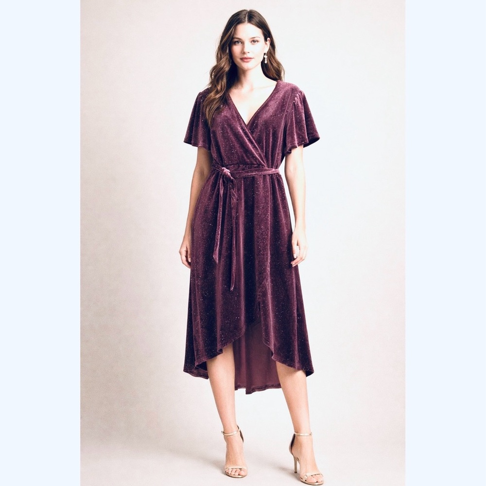 NWT Badgley Mischka Dress size PL Purple Glitter Velvet Wrap Flutter Sleeve